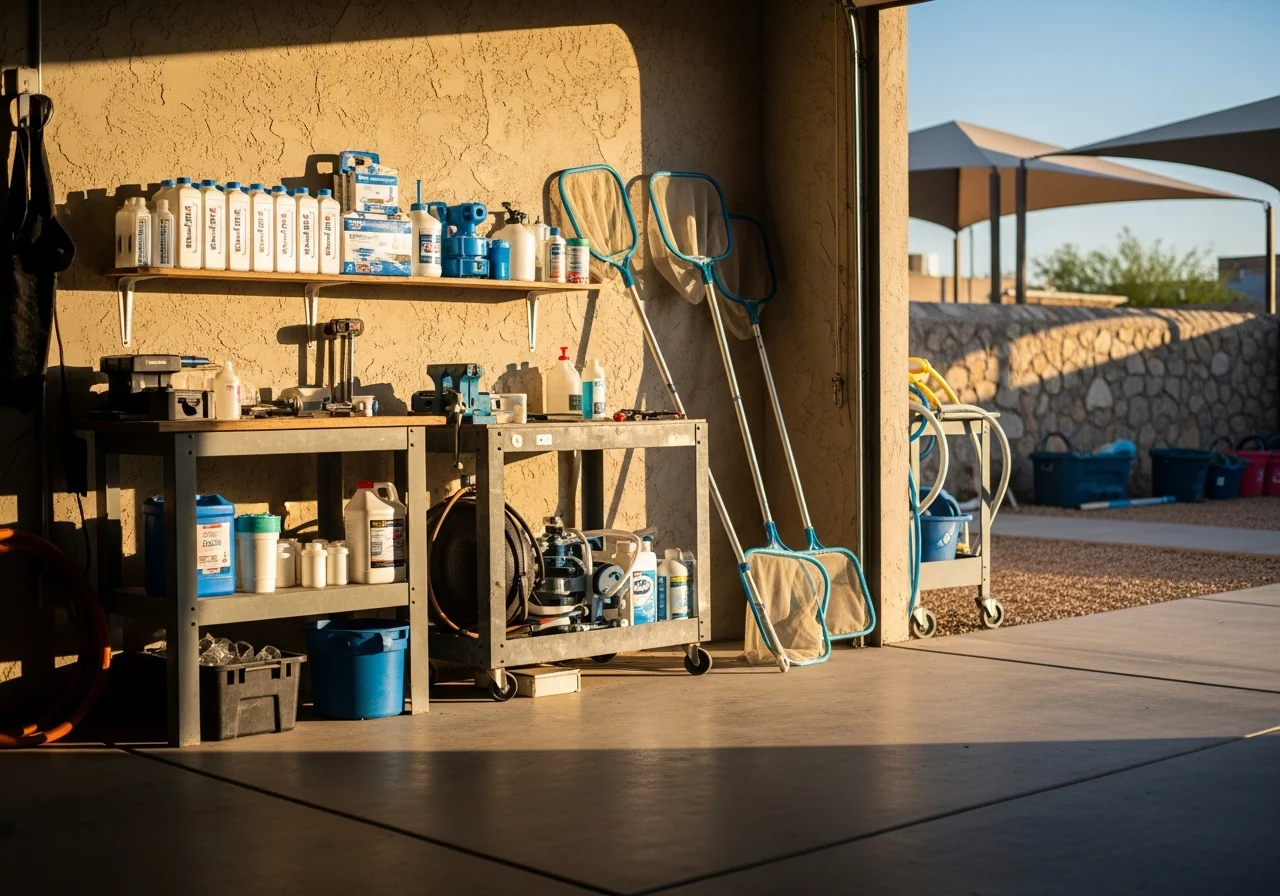 Pool service technician with equipment and tools ready for maintenance and repair work at a residential pool.