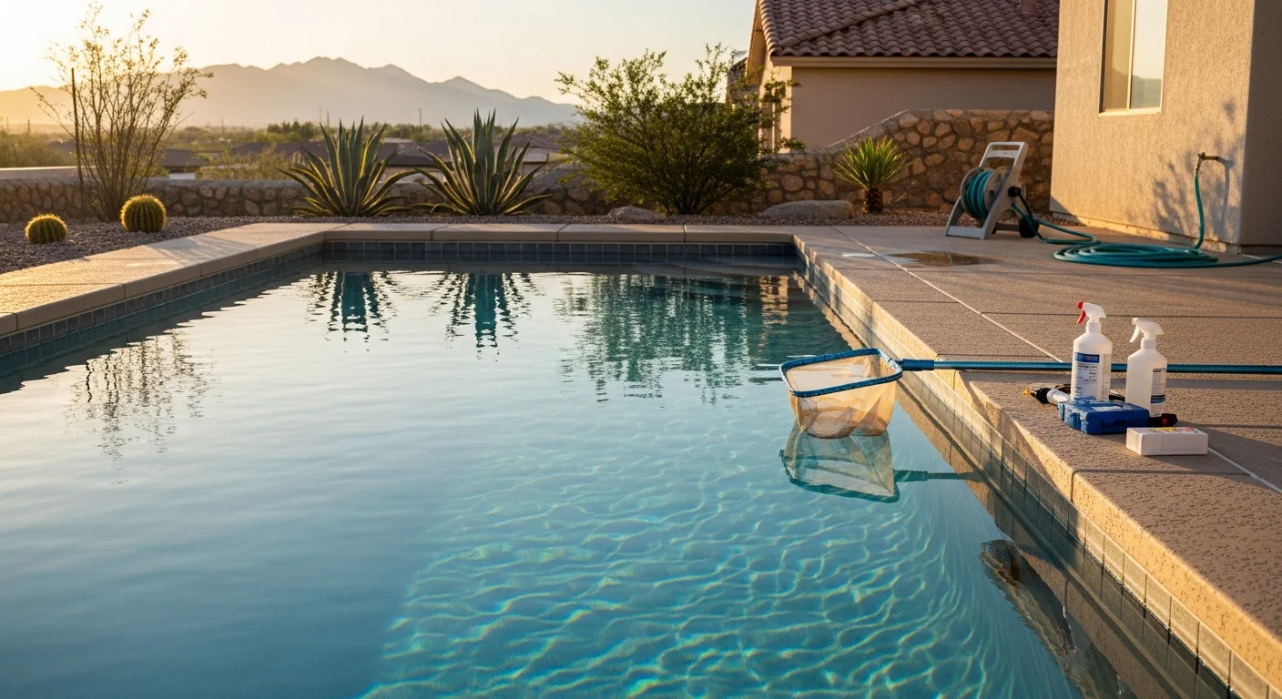 Pool technician cleaning pool water and checking chemical levels