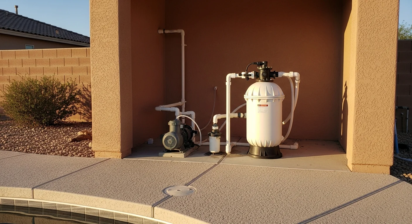 Pool equipment repair technician working on pool heater and pump system
