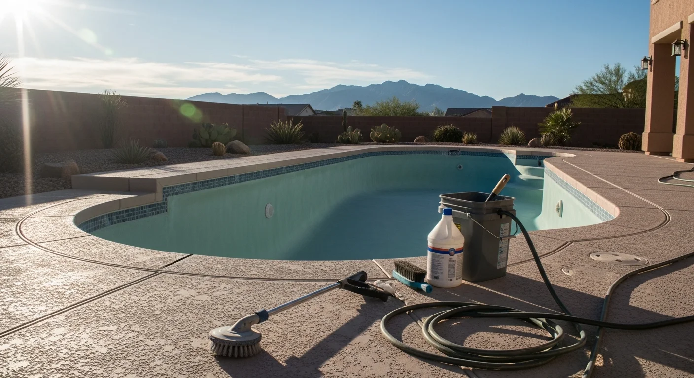 Pool tile and surface being cleaned and restored by professional technician