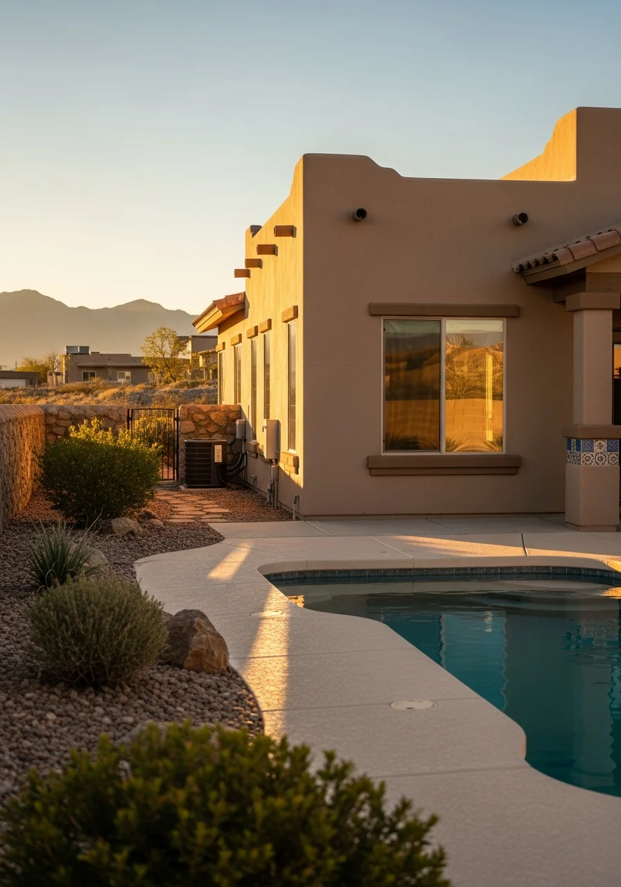 Close-up of a well-maintained El Paso home exterior with desert landscaping and mountain view.