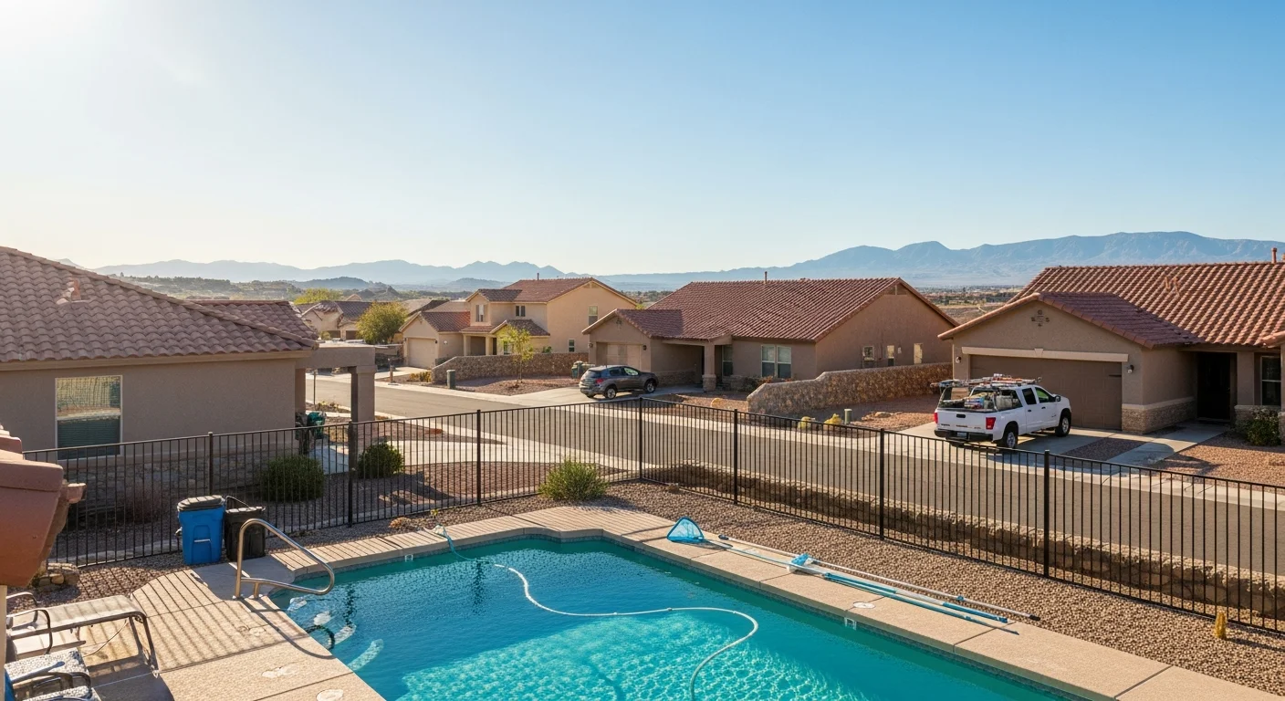 El Paso cityscape with residential neighborhoods and desert mountains in the background under clear blue sky.