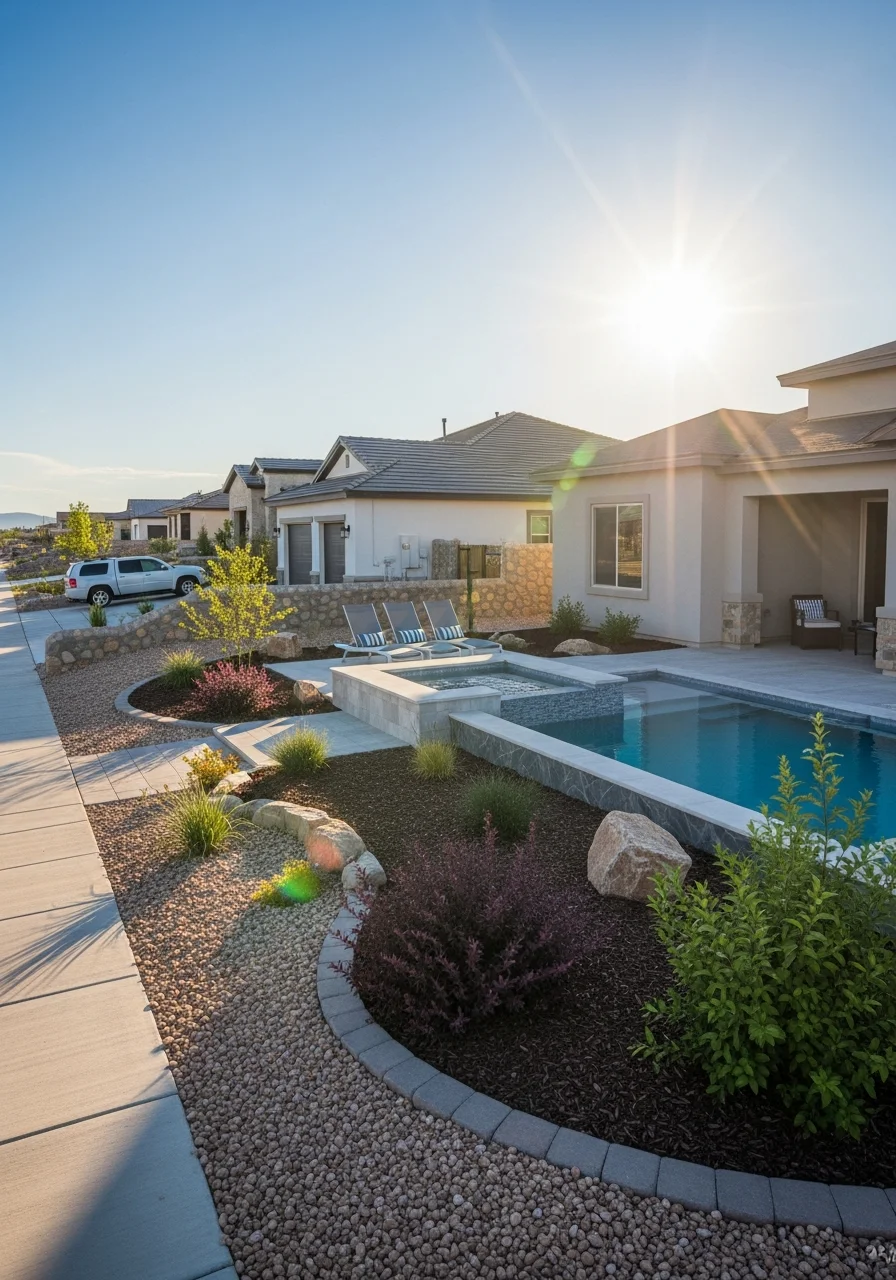 Horizon City home with modern design and manicured yard.