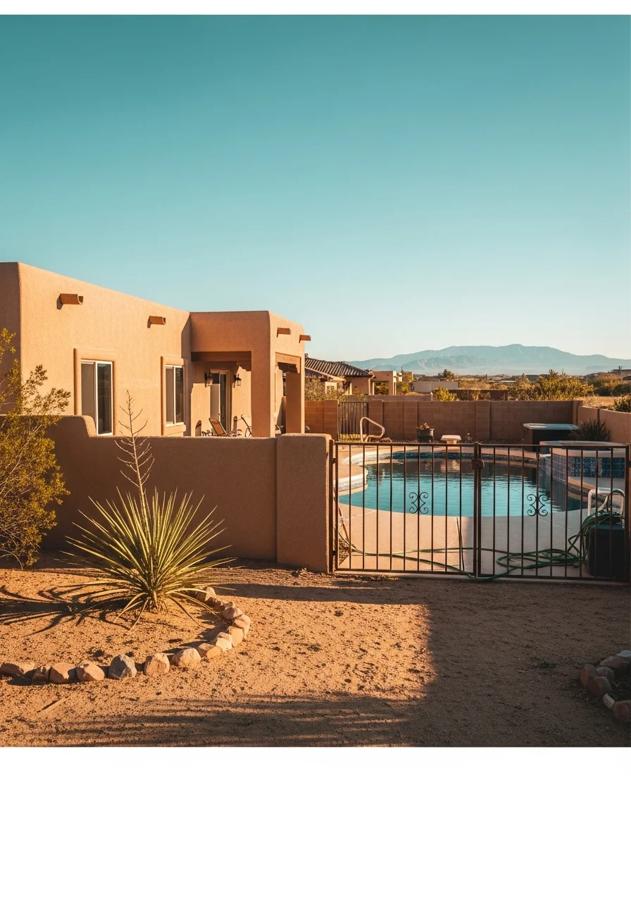 Santa Teresa home exterior with clear sky and desert surroundings.