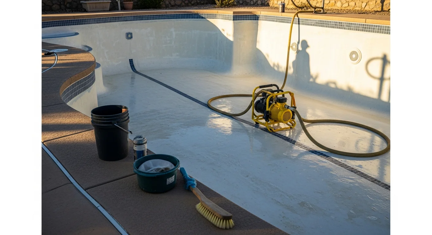 A drained residential pool in El Paso, TX showing a freshly acid-washed plaster surface with visible white and light gray tones after calcium scale and algae staining have been removed. The clean pool shell sits in a desert backyard under bright West Texas sunlight.