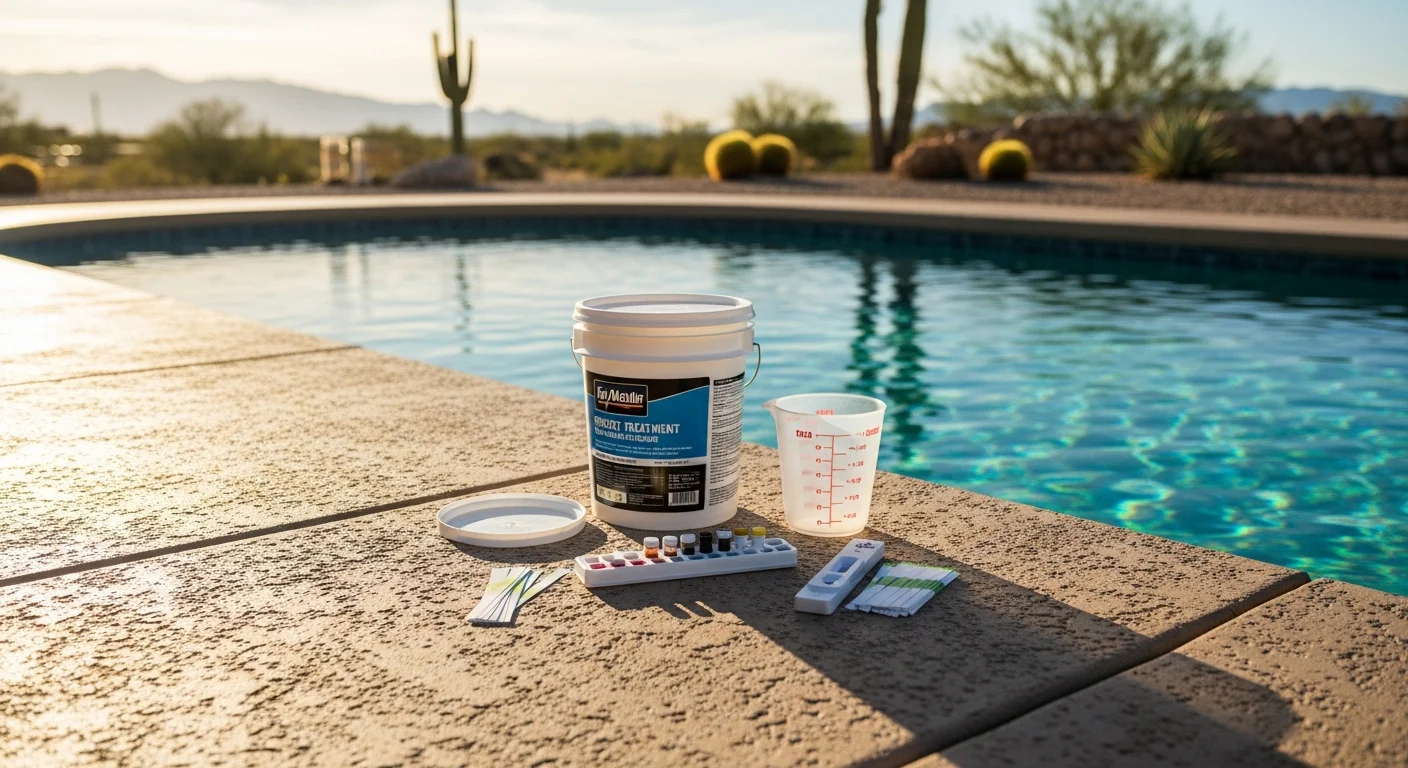 A pool technician testing water chemistry in a residential backyard pool in El Paso, TX, with test results visible and the desert landscape in the background. The pool water is clear and blue under bright Texas sunlight.