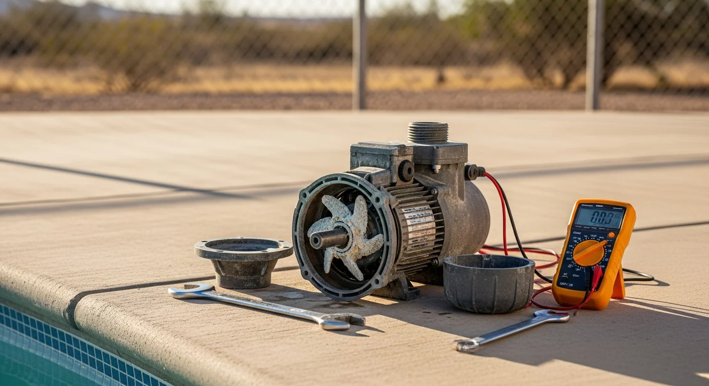 A pool equipment pad in an El Paso backyard showing a pump and filter unit being inspected by a pool service technician. The desert landscape and bright sunlight are visible in the background.