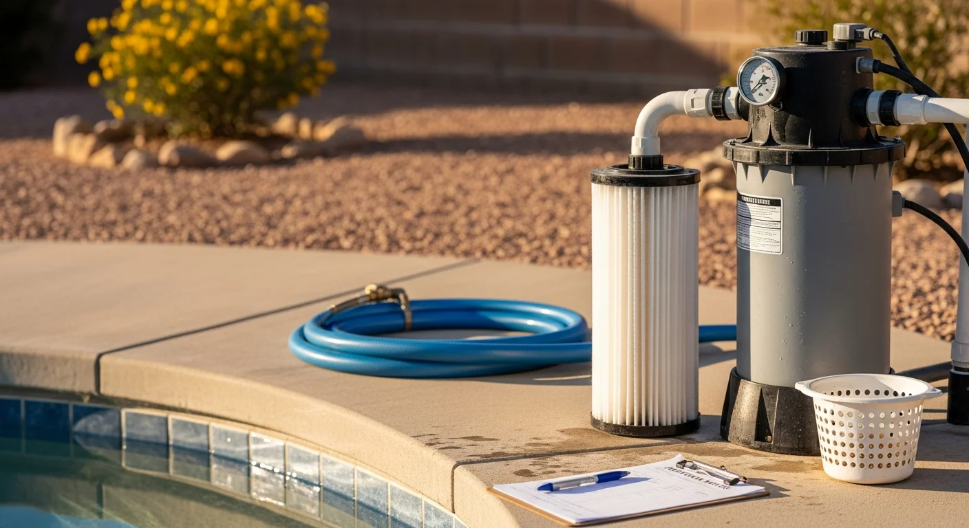 A pool technician cleaning a cartridge pool filter at a residential property in El Paso, TX. The pool in the background shows clear blue water under bright desert sunlight.
