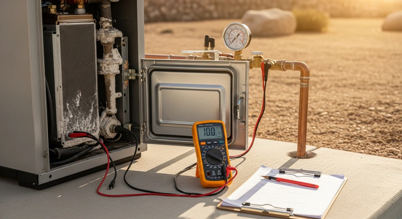 A pool heater unit installed at the equipment pad of a residential pool in El Paso, TX, with a technician inspecting the control panel and gas connections. The pool is visible in the background under clear desert sky.