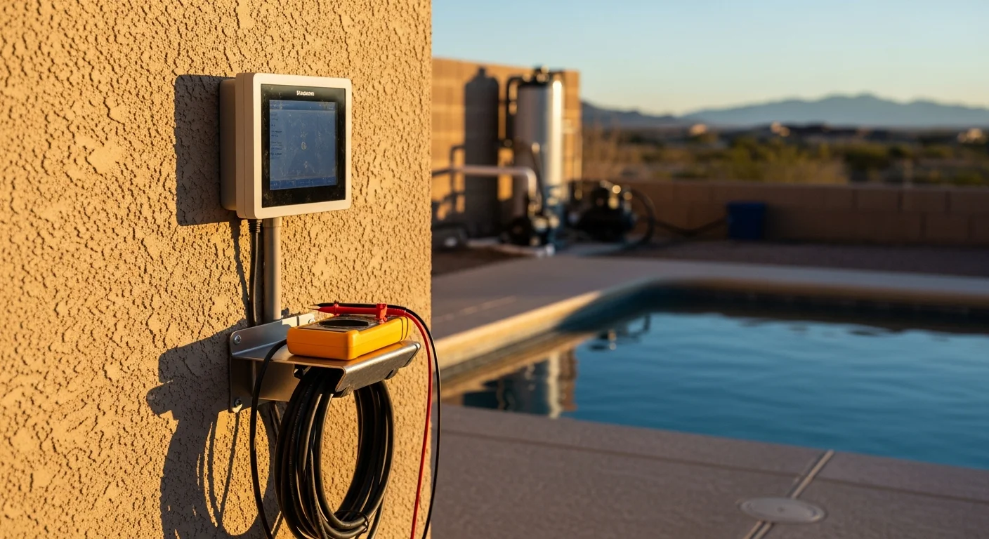 A pool automation control panel mounted on an equipment pad beside a residential inground pool in El Paso, TX. A technician connects wiring to the controller while the pool and desert landscaping are visible in the background.