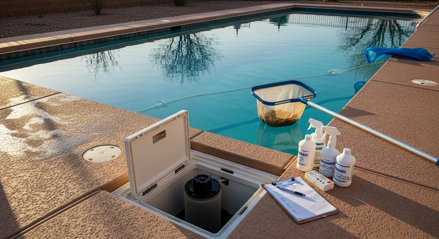 A clear, blue residential swimming pool in an El Paso, TX backyard after a professional cleaning service visit. A pool technician checks water chemistry with a test kit poolside under bright desert sunlight.