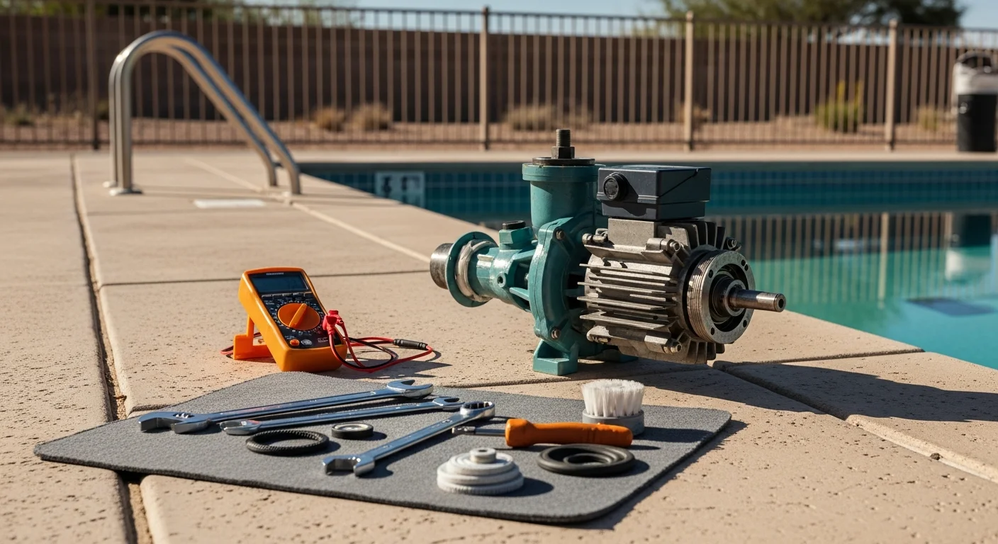 A pool pump and motor unit mounted on an equipment pad beside a residential pool in El Paso, TX, with a technician from Four Seasons Pool Service inspecting the housing and fittings. The surrounding desert landscape and bright sunlight reflect the West Texas climate conditions that affect pool equipment performance.