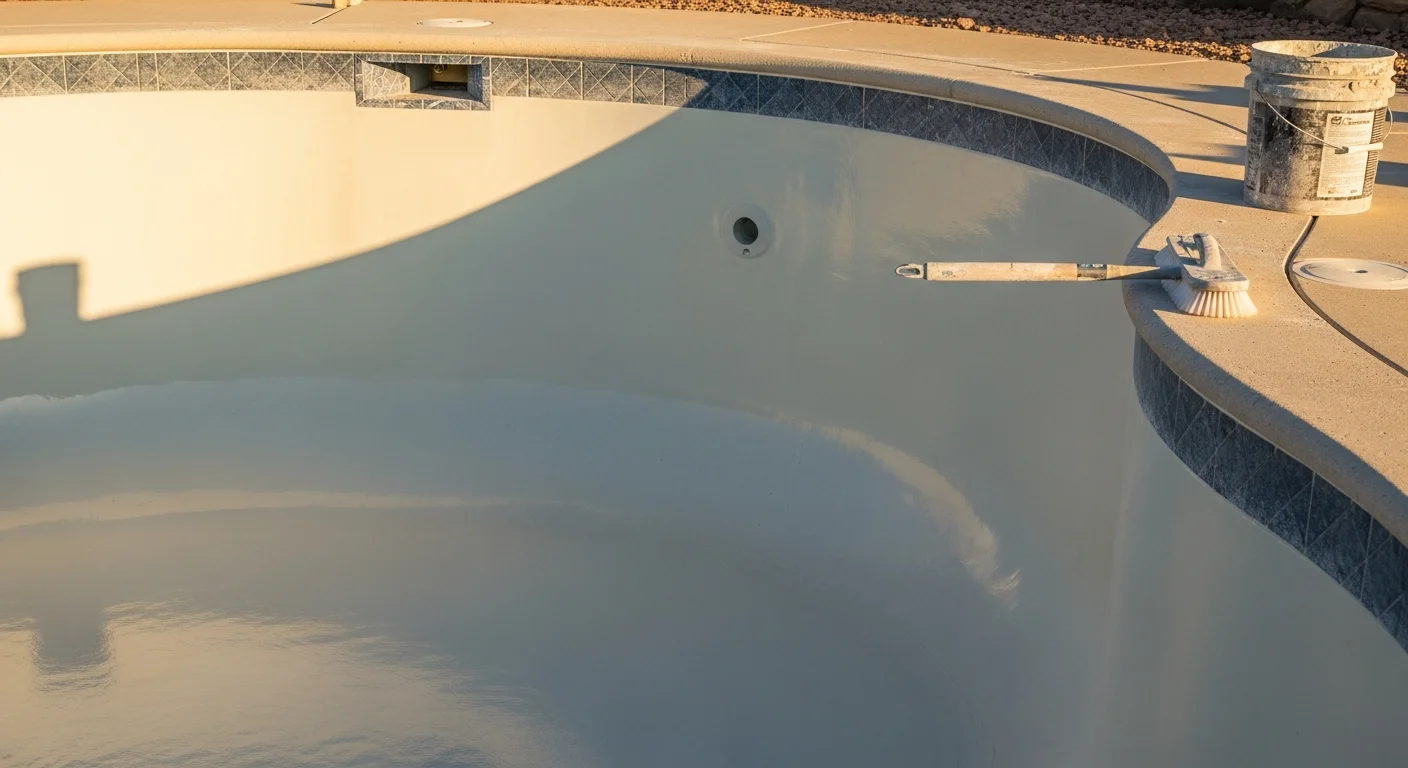 Close-up view of a freshly restored pool interior surface in an El Paso, TX backyard, showing a smooth, clean finish free of cracks and staining. The pool reflects clear water under bright Texas sunlight with a concrete pool deck visible at the edge.