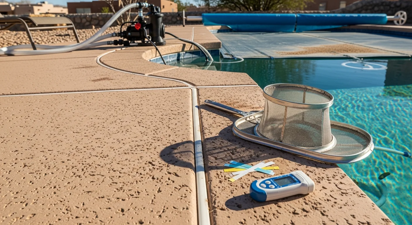 A pool technician from Four Seasons Pool Service removing a winter cover from a backyard swimming pool in El Paso, TX. The pool deck is clean and the water is beginning to clear as seasonal opening service gets underway.