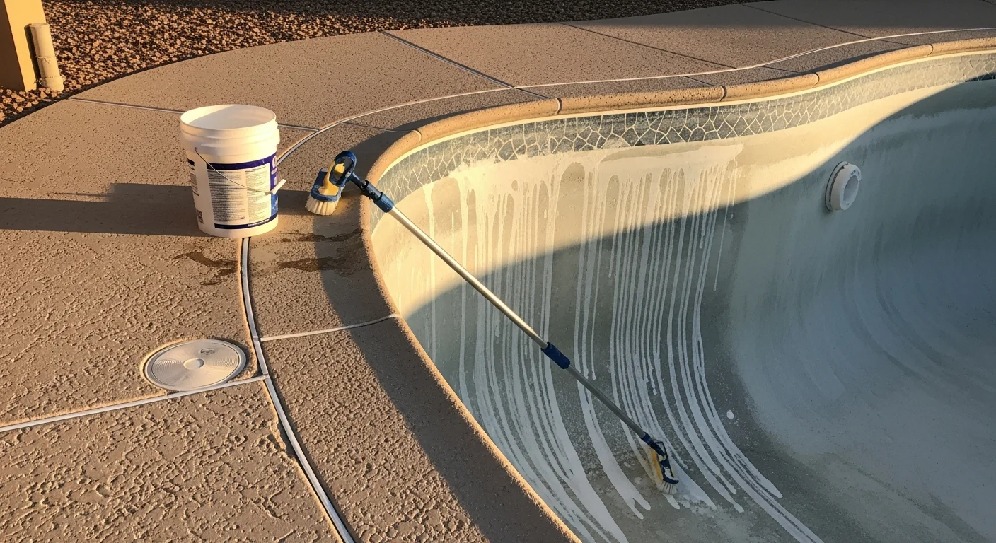 Close-up of a pool interior in El Paso, TX showing a clean, stain-free plaster surface after professional mineral deposit removal. The waterline tile is clear of calcium buildup and the pool water appears bright and clear under West Texas sunlight.