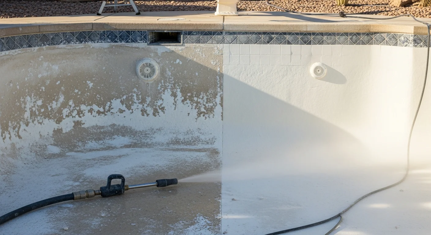 Close-up of a pool waterline tile in El Paso, TX showing the before-and-after result of professional tile blasting, with calcium scale removed and clean ceramic tile restored to its original color. A Four Seasons Pool Service technician works along the tile line of a residential pool with abrasive blasting equipment.
