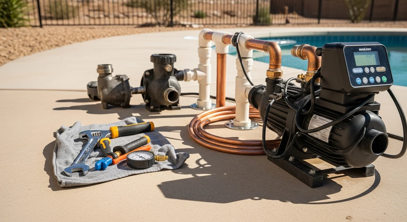 A newly installed variable speed pool pump mounted on an equipment pad beside a residential in-ground pool in El Paso, TX. The pump control panel displays programmed speed settings with clear blue pool water visible in the background.