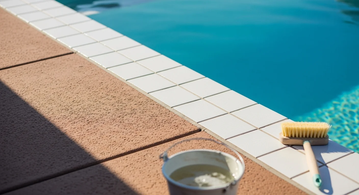 Close-up of a pool waterline tile in El Paso, TX showing white calcium scale deposits being professionally cleaned. Before-and-after view of restored tile with no visible mineral buildup along the water's edge.