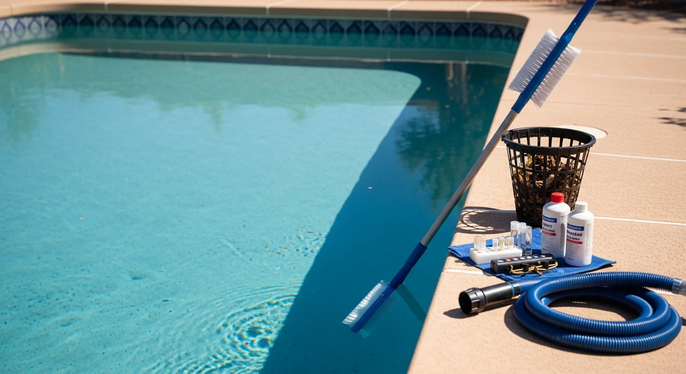 A Four Seasons Pool Service technician skimming debris from a clear residential pool in El Paso, TX, with a bright desert sky overhead. The pool water is clean and blue, showing the result of consistent weekly maintenance in a high-heat climate.